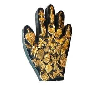 Folk Art Milagro Hand with Charms – Boho Religious Wall Decor